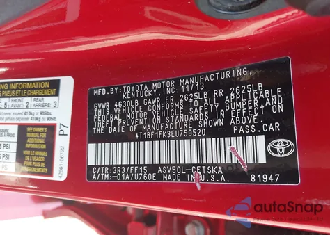 2014 Toyota Camry Se из США, поврежденный, VIN 4T1BF1FK3EU759520